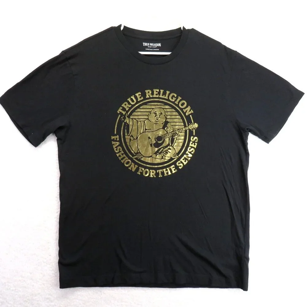 True Religion T Shirt Mens Sz‎ Extra Large Black G old Foil Graphic Short Sleeve